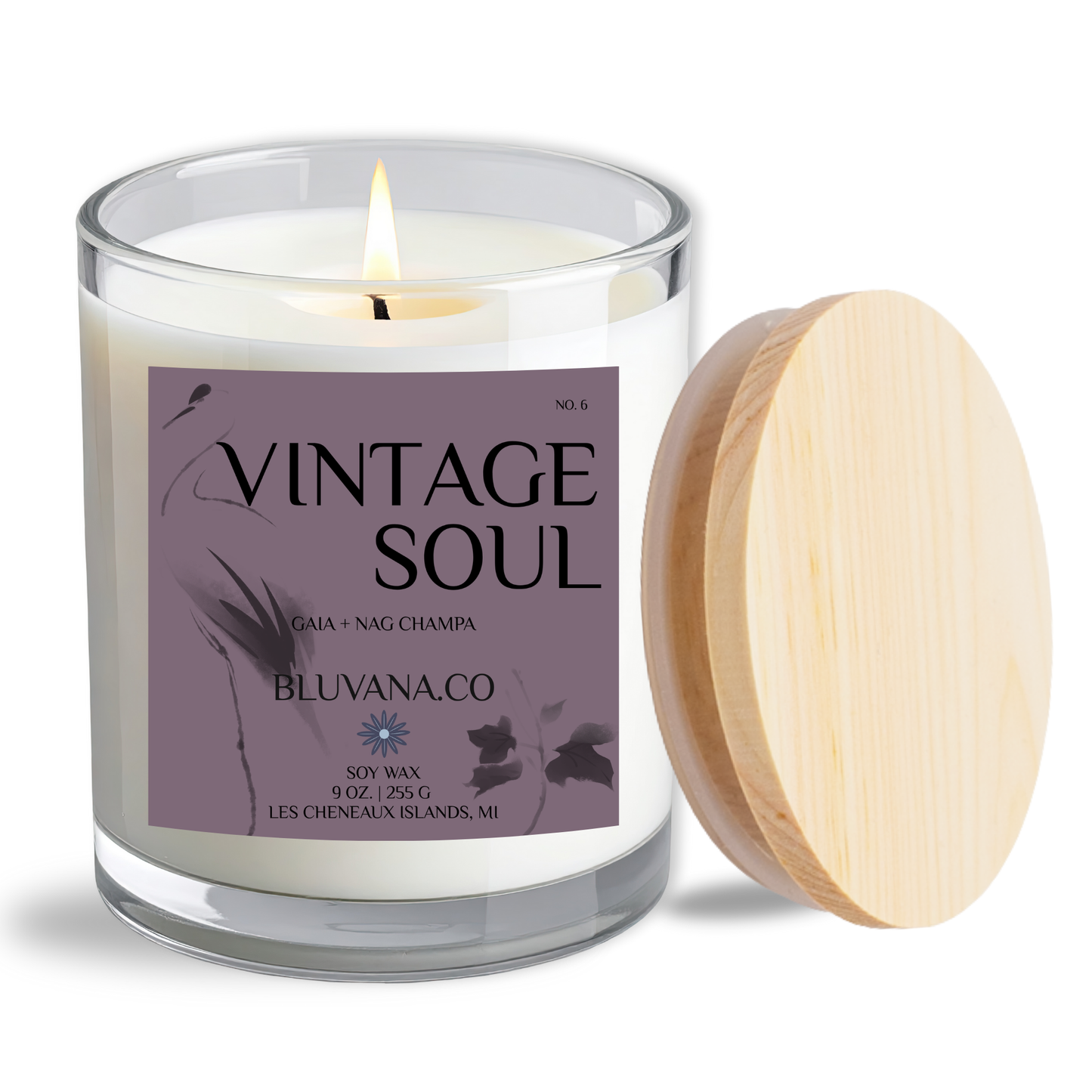 Candle in a glass jar with a wooden lid and 'Vintage Soul' label on a white background