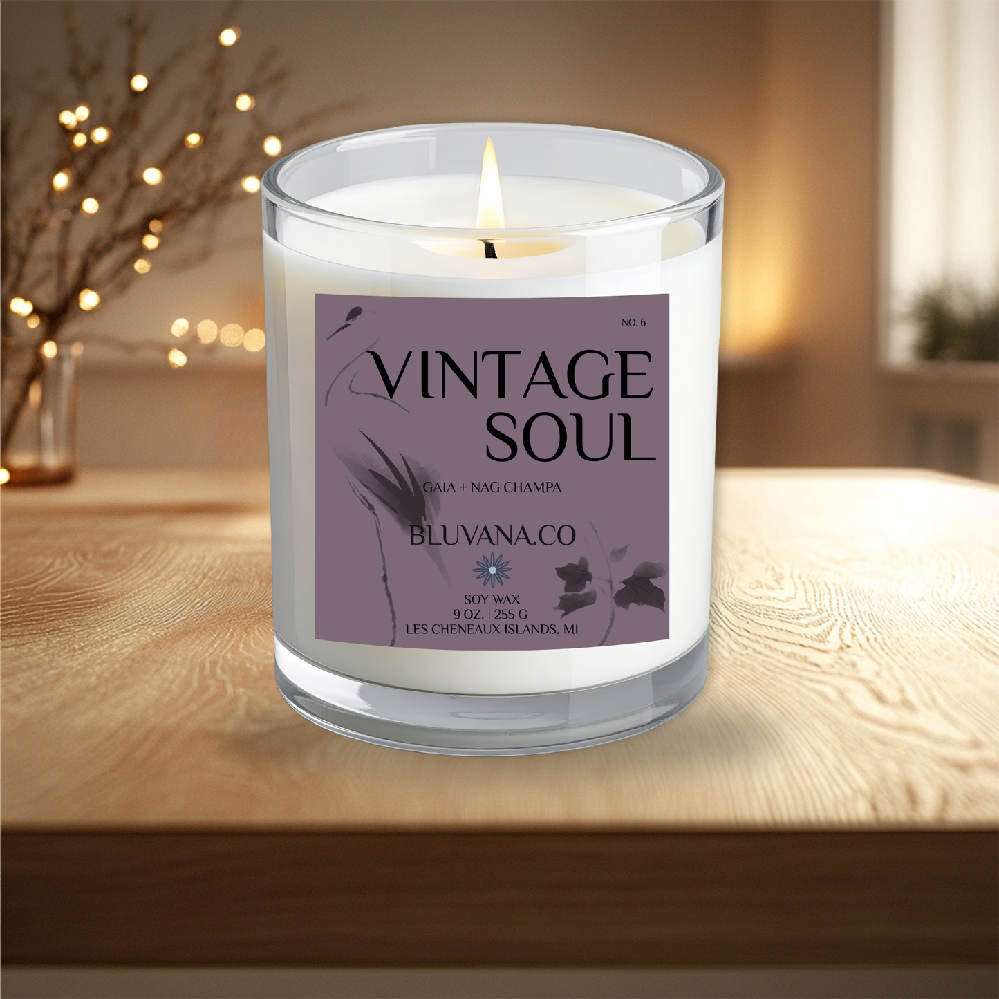 Candle with a 'Vintage Soul' label on a wooden surface with a blurred background